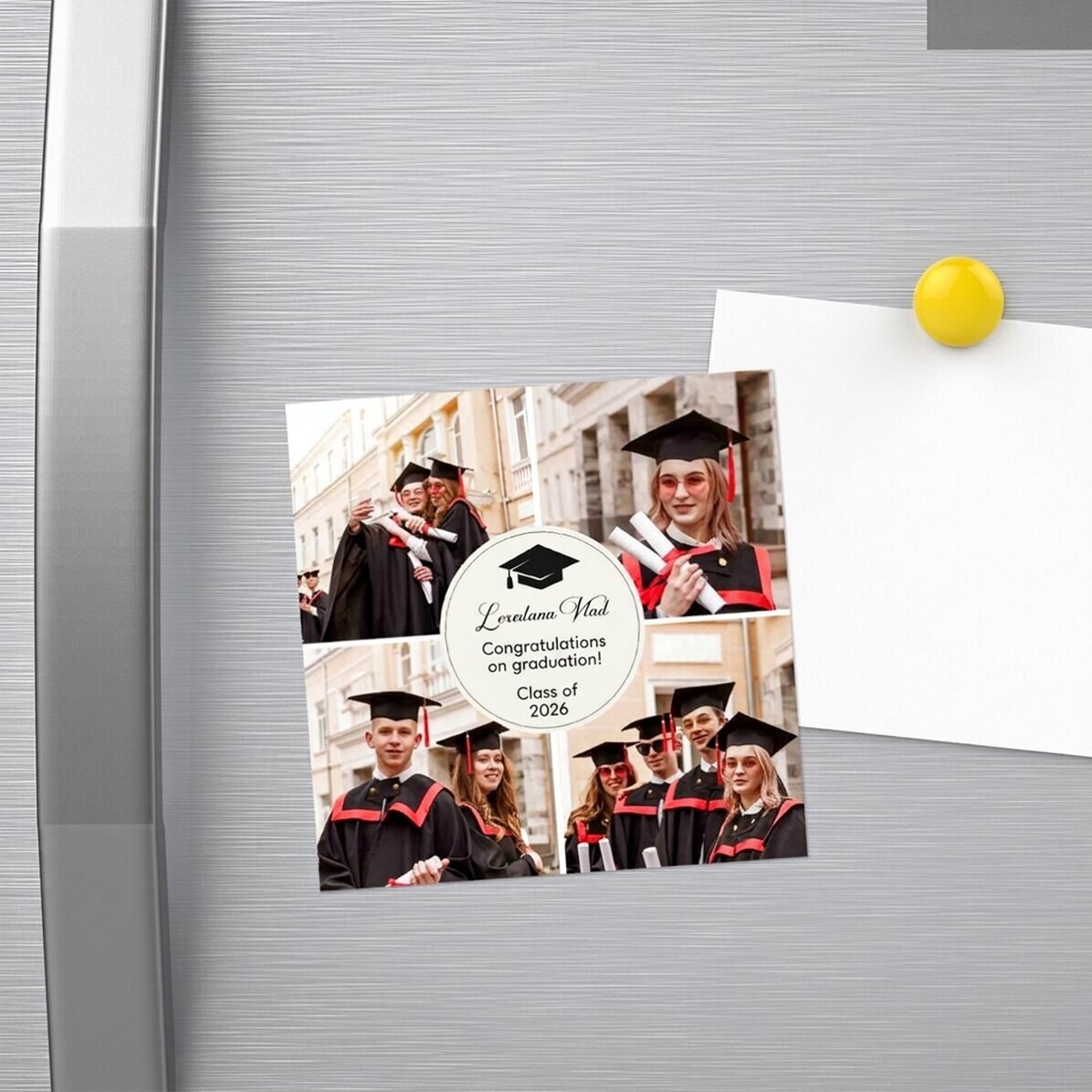 Imán personalizado de 10 x 10 cm con 4 fotos y texto - Graduación