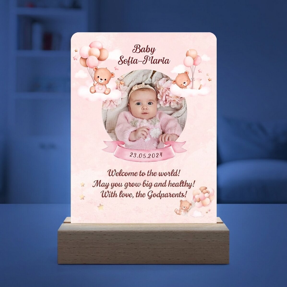 Lámpara LED de noche personalizada con foto y texto - Niña