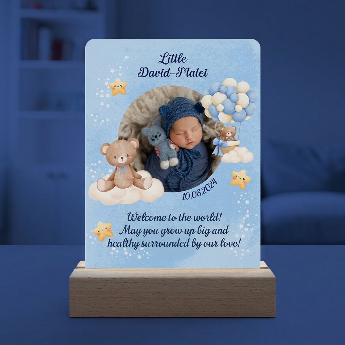 Lámpara LED de noche personalizada con foto y texto - Bebé niño