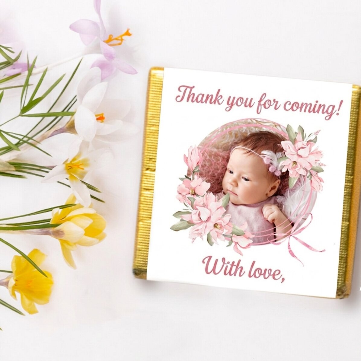 Mini bombón personalizado para bautizo con foto y texto - Rosa