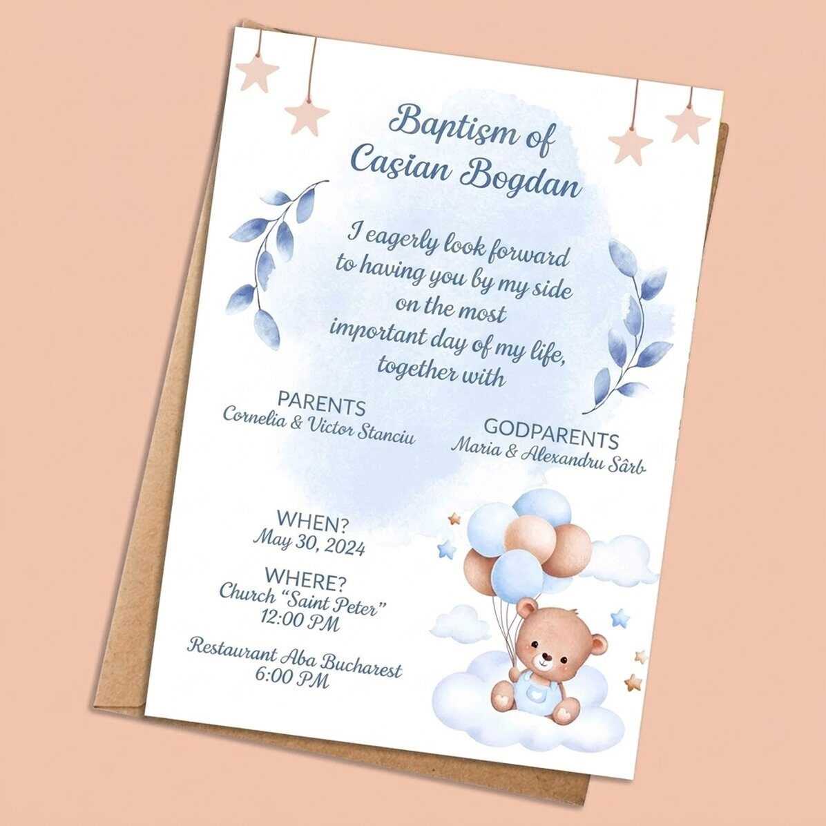 Tarjeta personalizada con texto - invitación para un bautizo - Osito