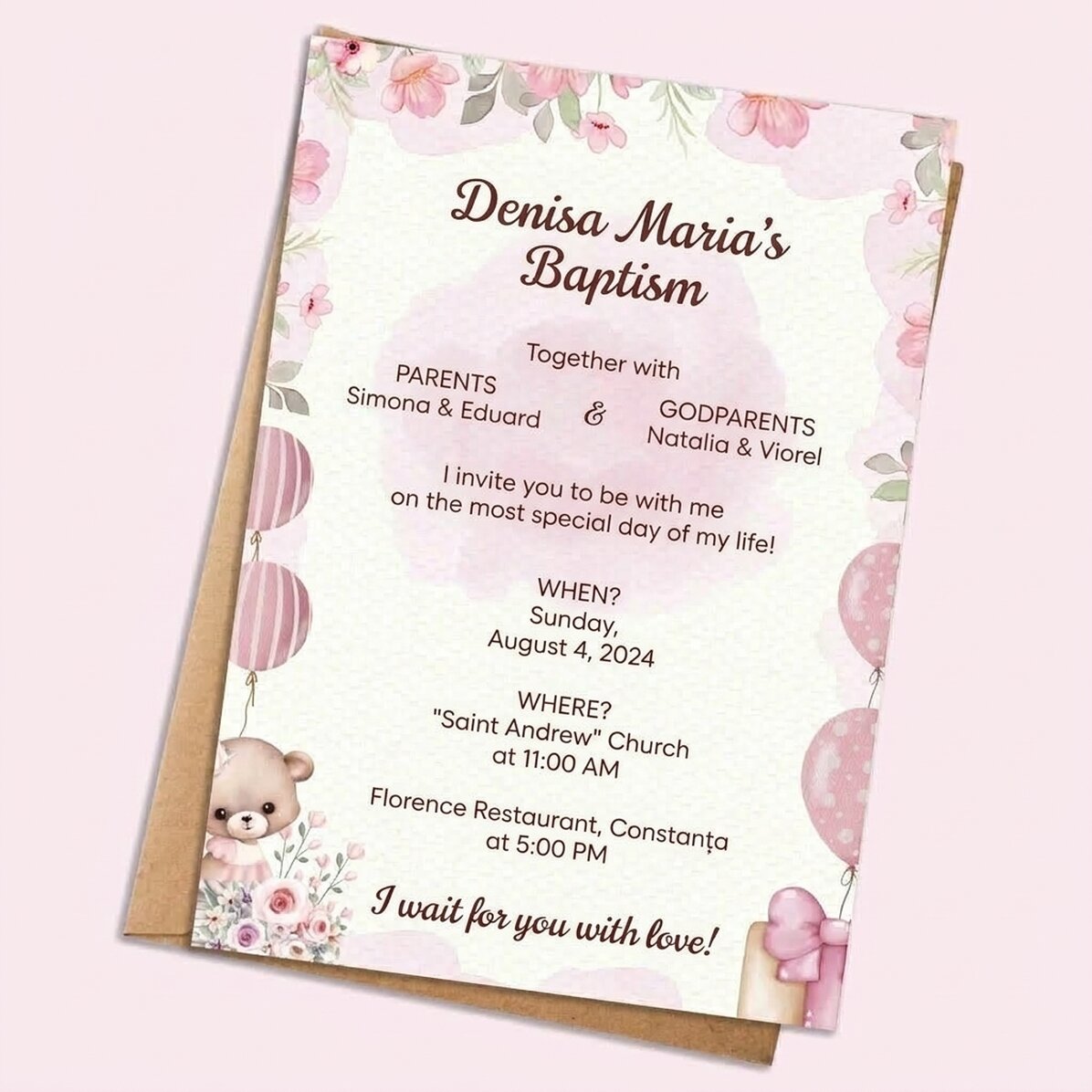 Tarjeta personalizada con texto - invitación para un bautizo - Rosa