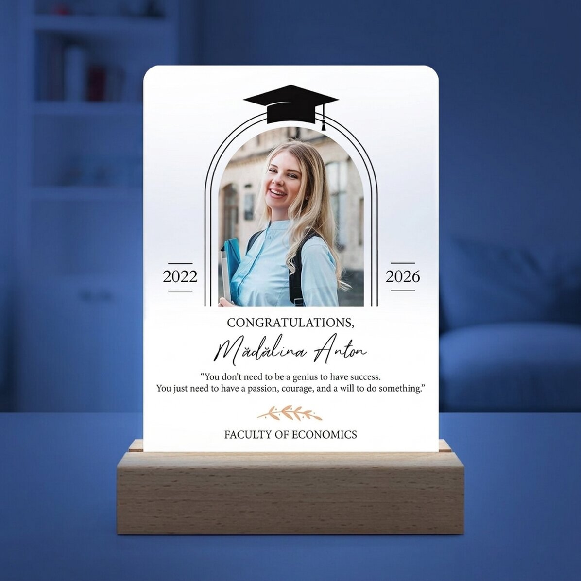 Lámpara LED de noche personalizada con una foto y un mensaje - Graduación