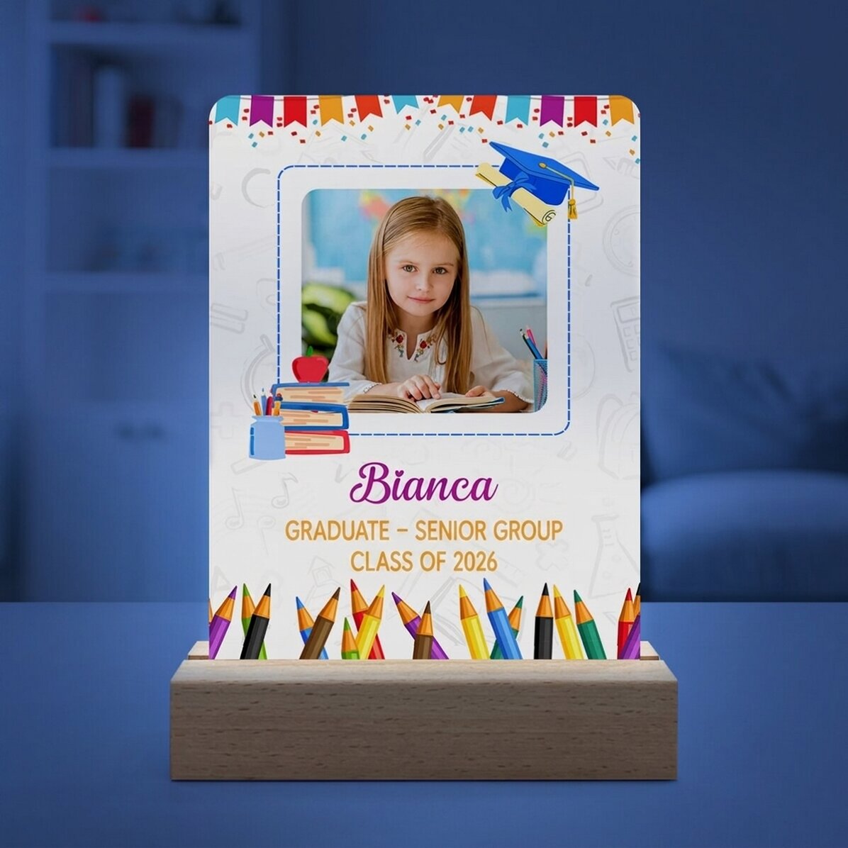 Lámpara LED de noche personalizada con una foto y un mensaje para niños - Graduación