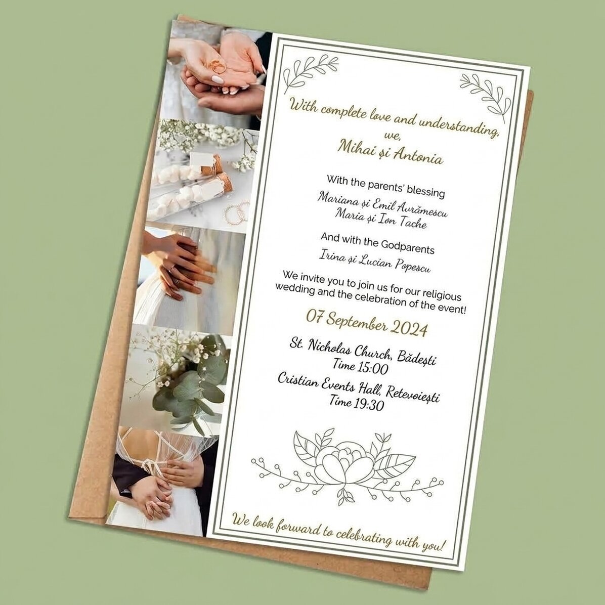 Tarjeta personalizada con 5 fotos y texto - Invitación de boda