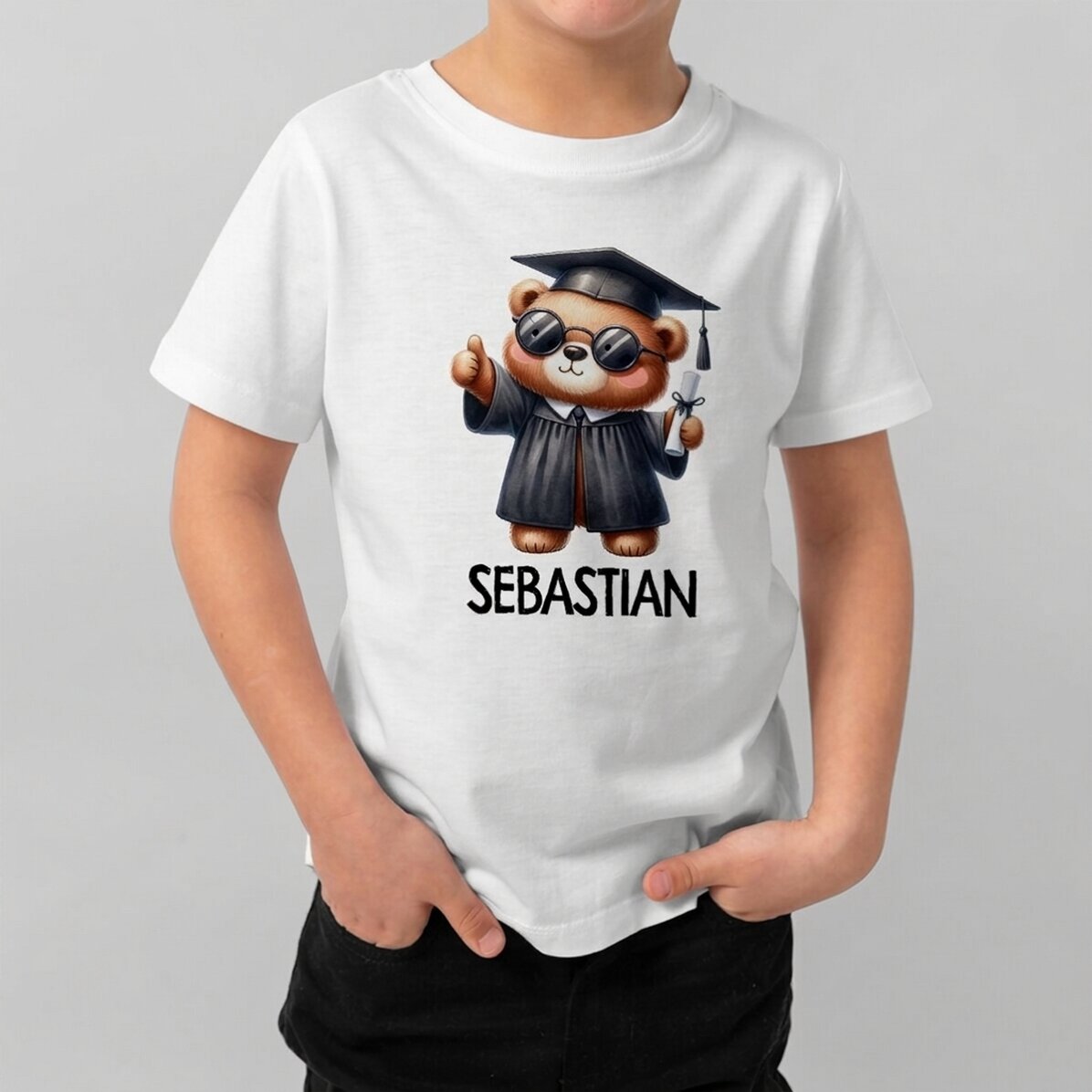 Camiseta de algodón para niños personalizada con nombre - Osito graduado