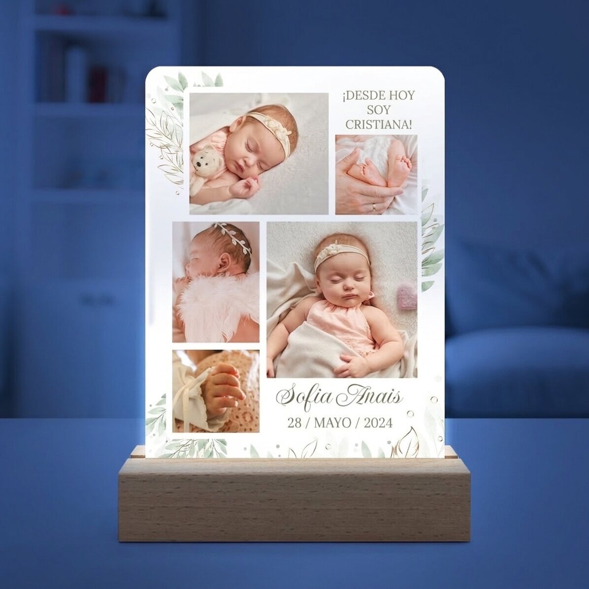 Lámpara LED de noche personalizada con 5 fotos y texto - bebé