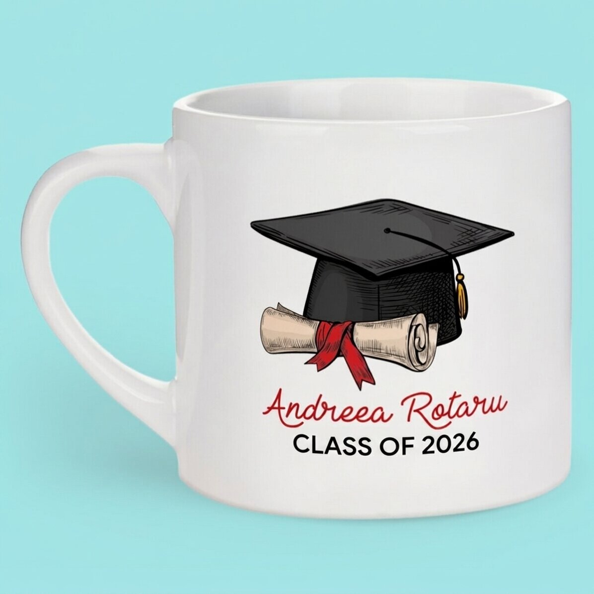 Taza de espresso personalizada con mensaje: «Graduación»