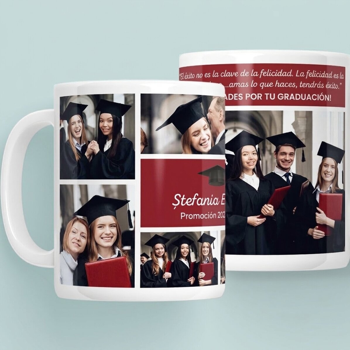 Taza personalizada con 6 fotos y un mensaje - Graduación