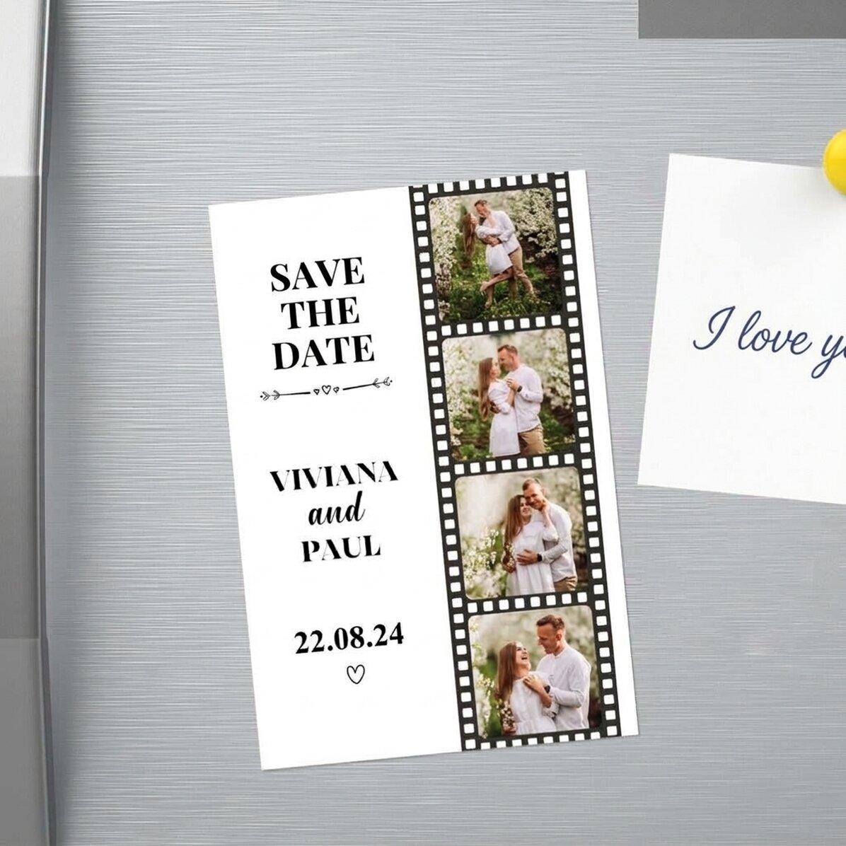 Imán personalizado de 10 x 15 cm con 4 fotos y texto - «Save the date»