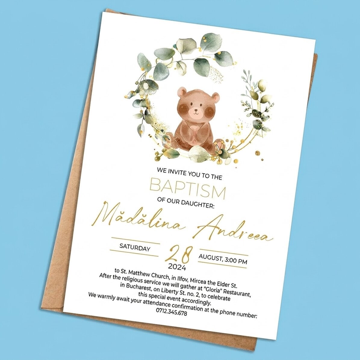 Tarjeta personalizada con texto - Invitación para un bautizo - El osito