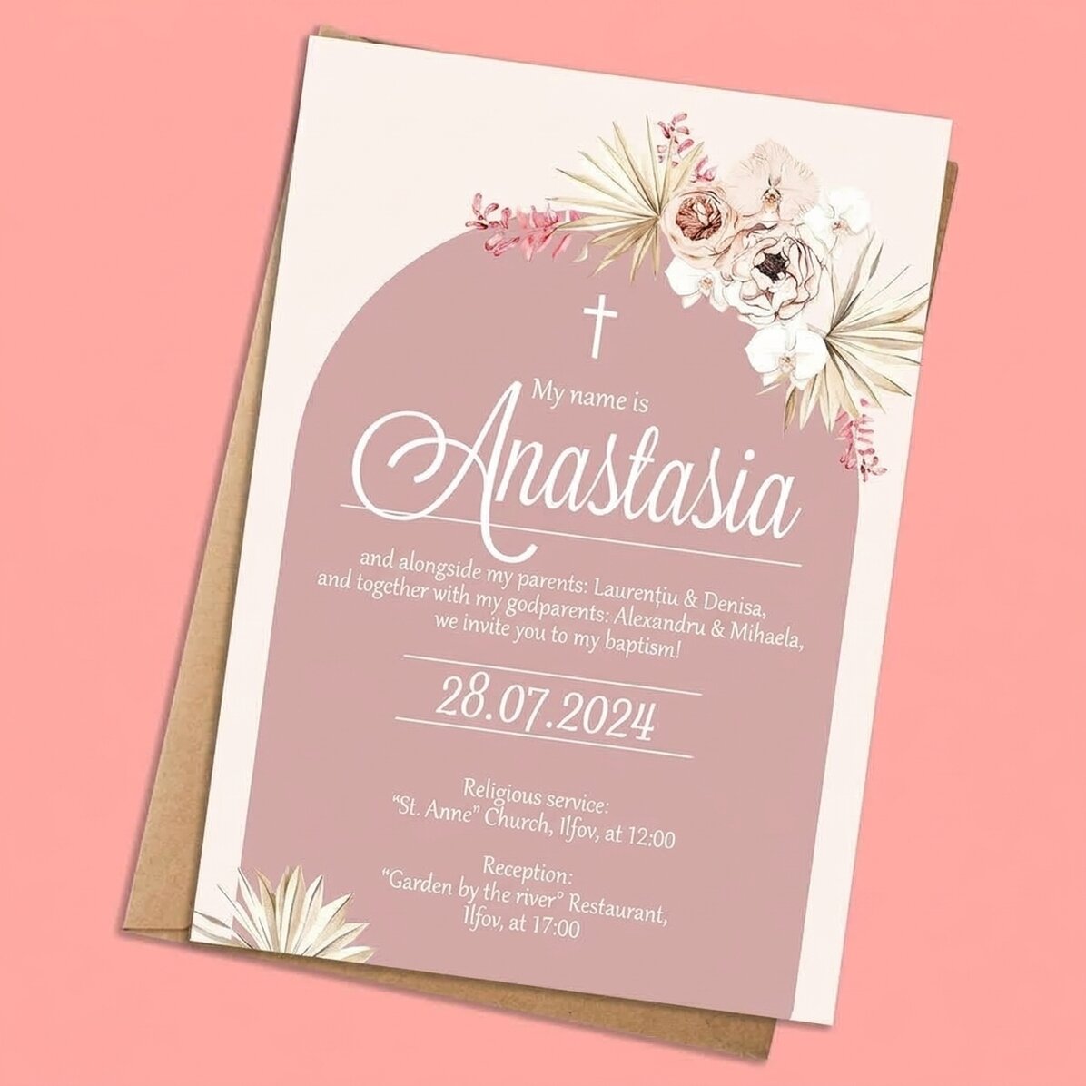 Tarjeta personalizada con texto - Invitación para un bautizo - Pink Elegance