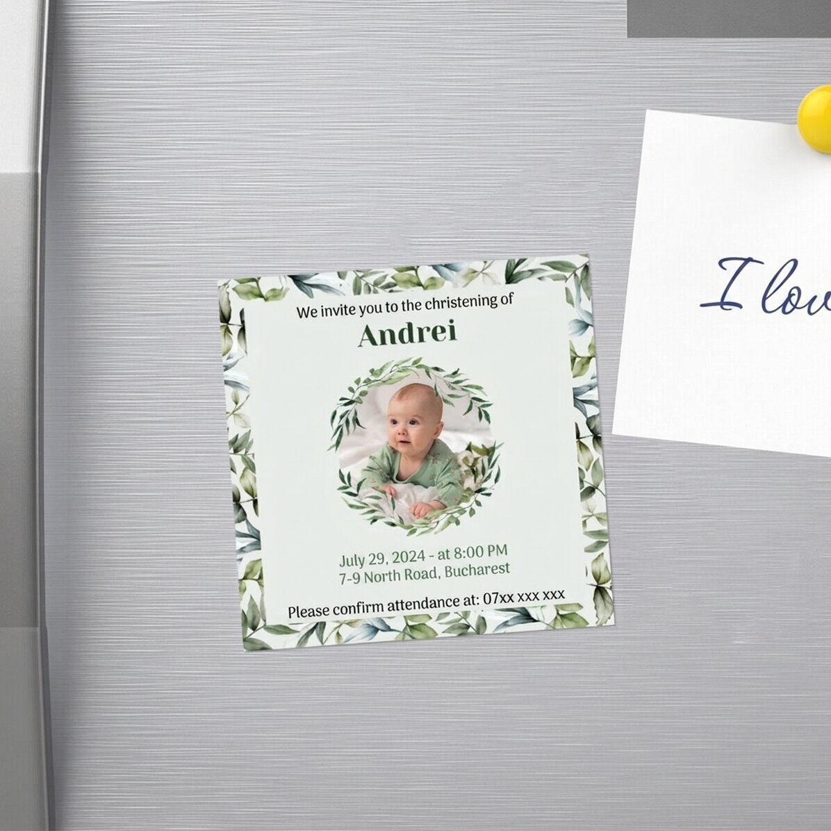 Imán de 10x10 personalizado con una foto y un texto - Invitación de bautizo