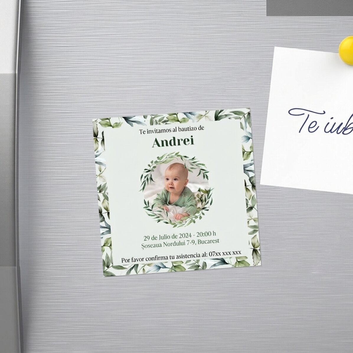 Imán de 10x10 personalizado con una foto y un texto - Invitación de bautizo