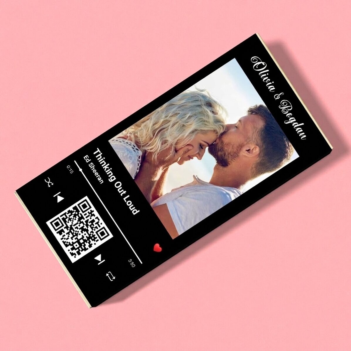 Chocolate personalizado con una foto, un texto y un código QR - Nuestra canción