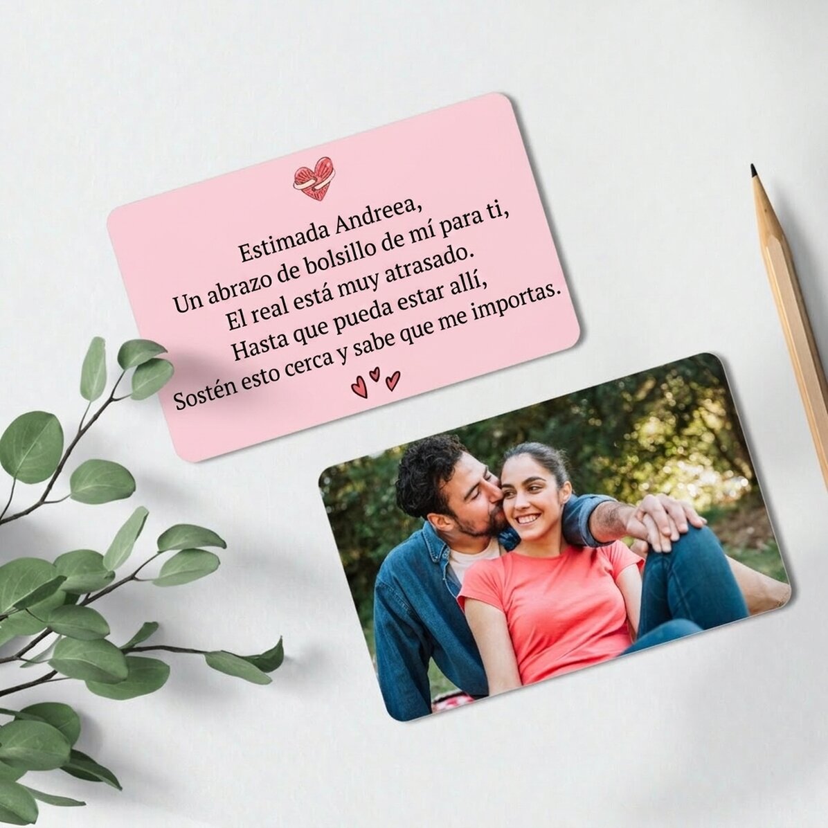 Tarjeta de aluminio personalizada por ambas caras con una foto y un texto