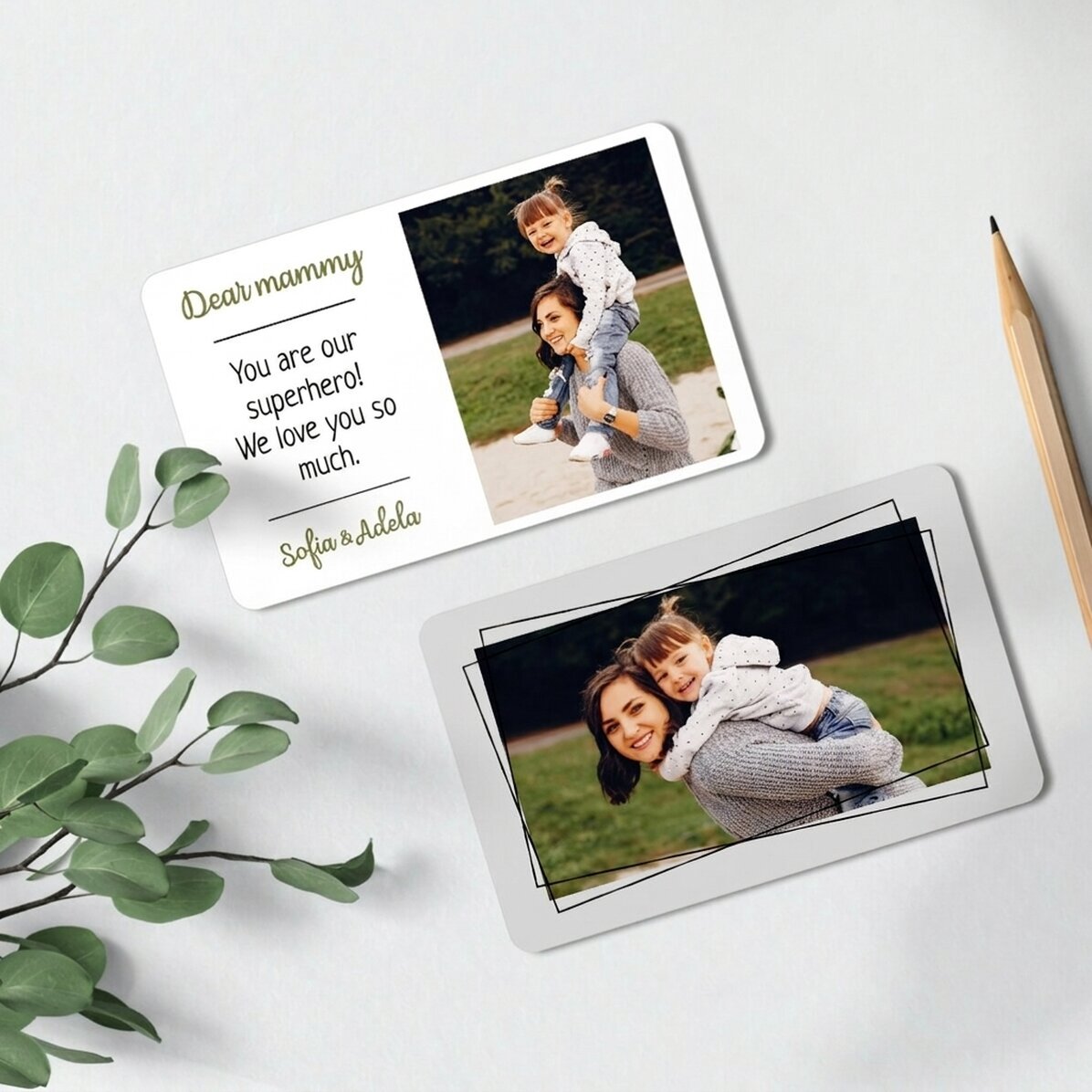 Tarjeta de aluminio personalizada por ambas caras con 2 fotos y un mensaje