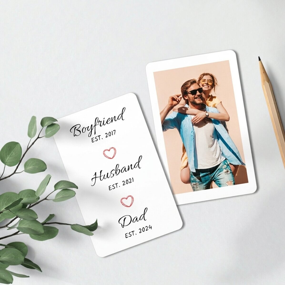 Tarjeta de aluminio personalizada por ambas caras con un mensaje y una foto de retrato