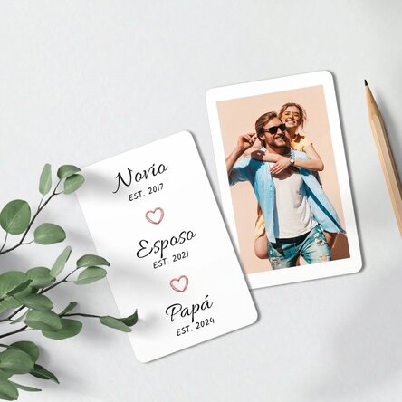 Tarjeta de aluminio personalizada por ambas caras con un mensaje y una foto de retrato
