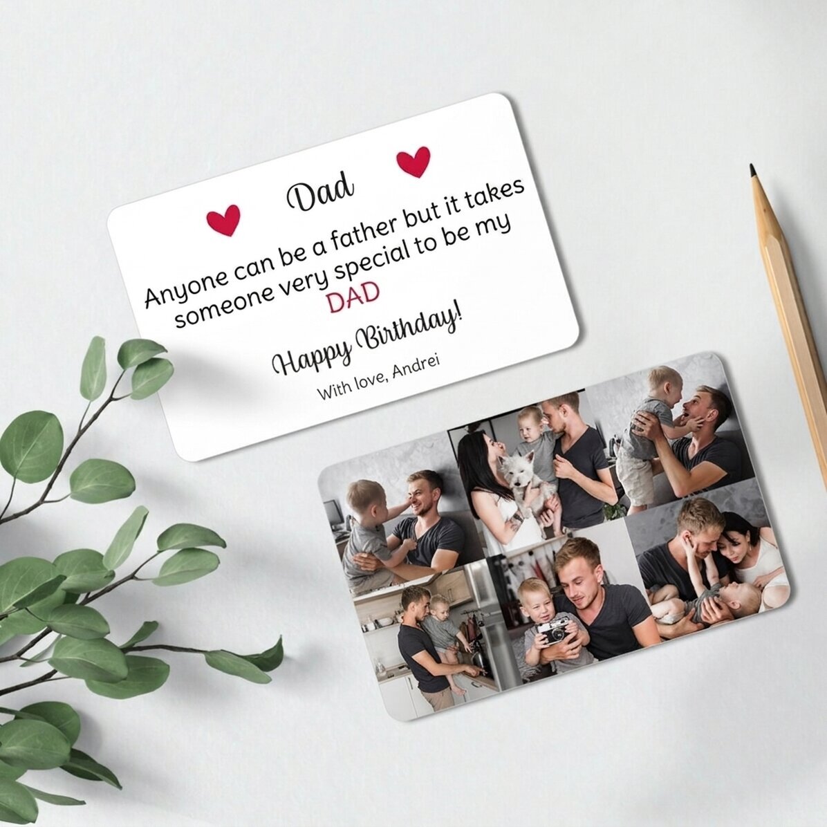 Tarjeta de aluminio personalizada por ambas caras con 6 fotos y texto