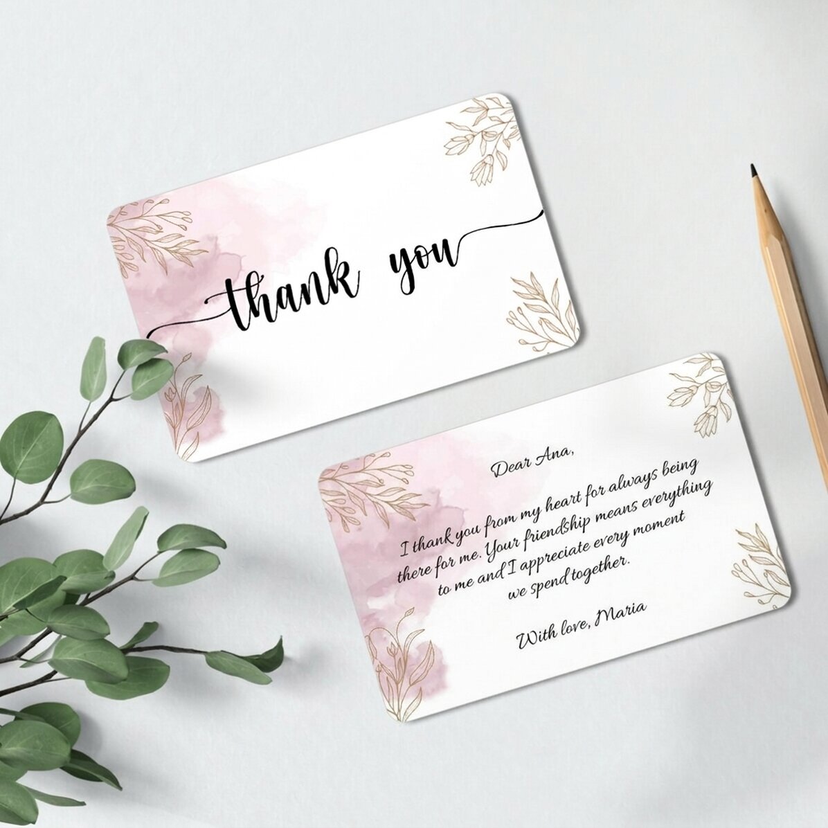 Tarjeta de aluminio personalizada por ambas caras con mensaje: «Thank you»
