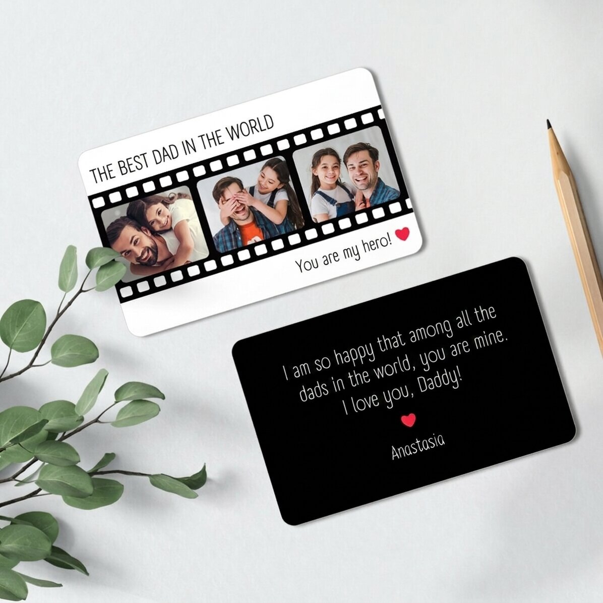 Tarjeta de aluminio personalizada por ambas caras con 3 fotos y un mensaje
