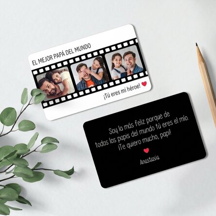 Tarjeta de aluminio personalizada por ambas caras con 3 fotos y un mensaje