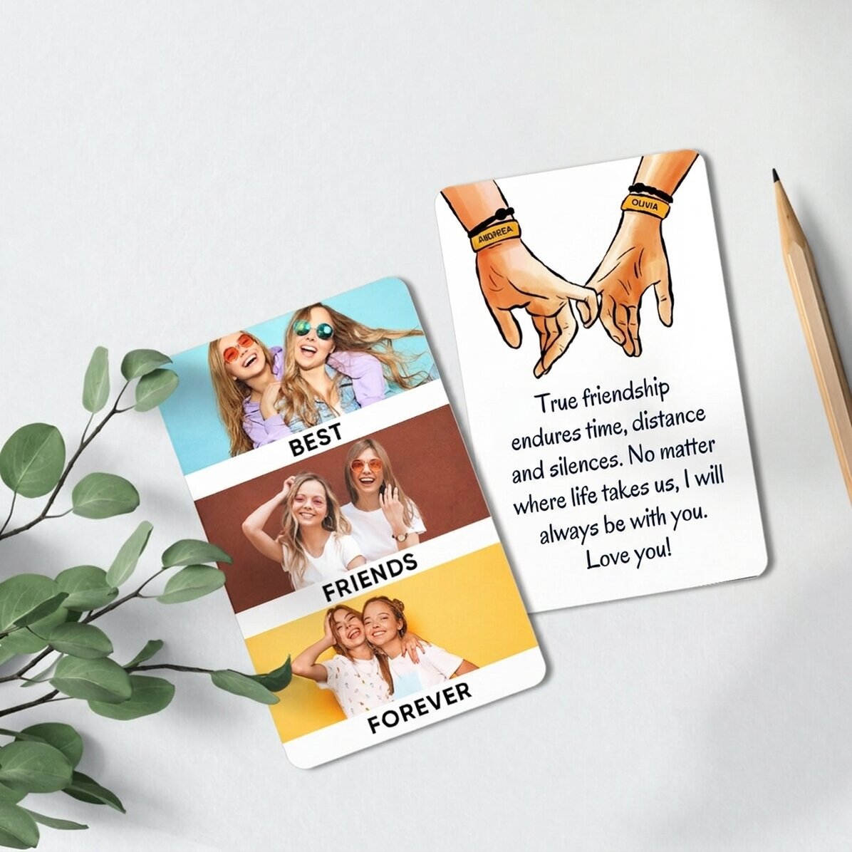 Tarjeta de aluminio personalizada por ambas caras con un mensaje y 3 fotos - Friends