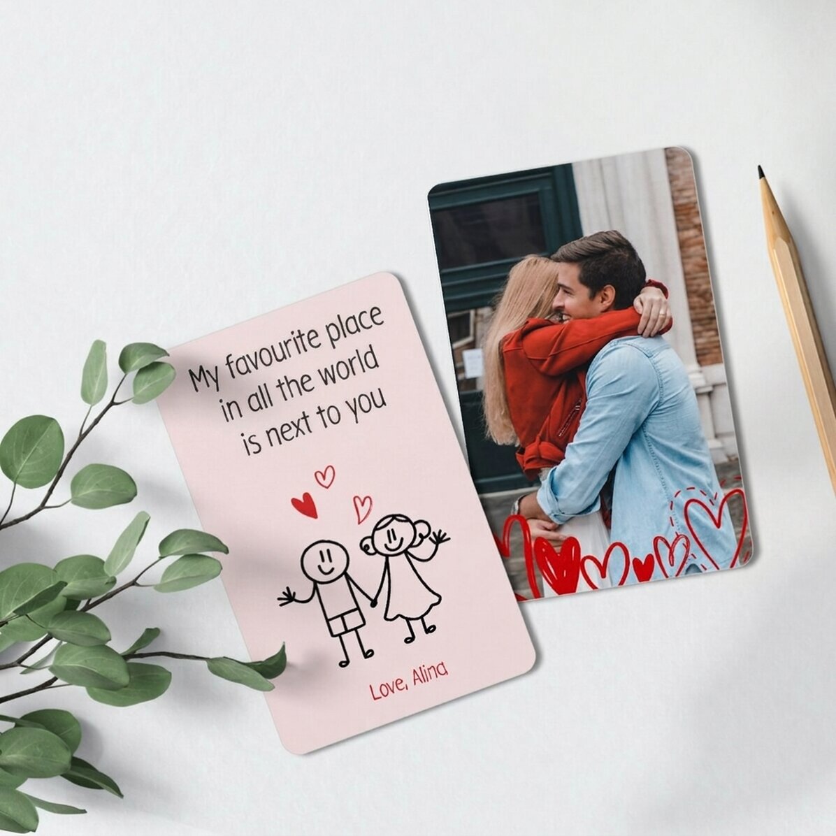 Tarjeta de aluminio personalizada por ambas caras con un mensaje y una foto