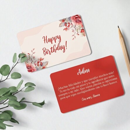 Tarjeta de aluminio personalizada por ambas caras con el mensaje: «¡Feliz cumpleaños!»