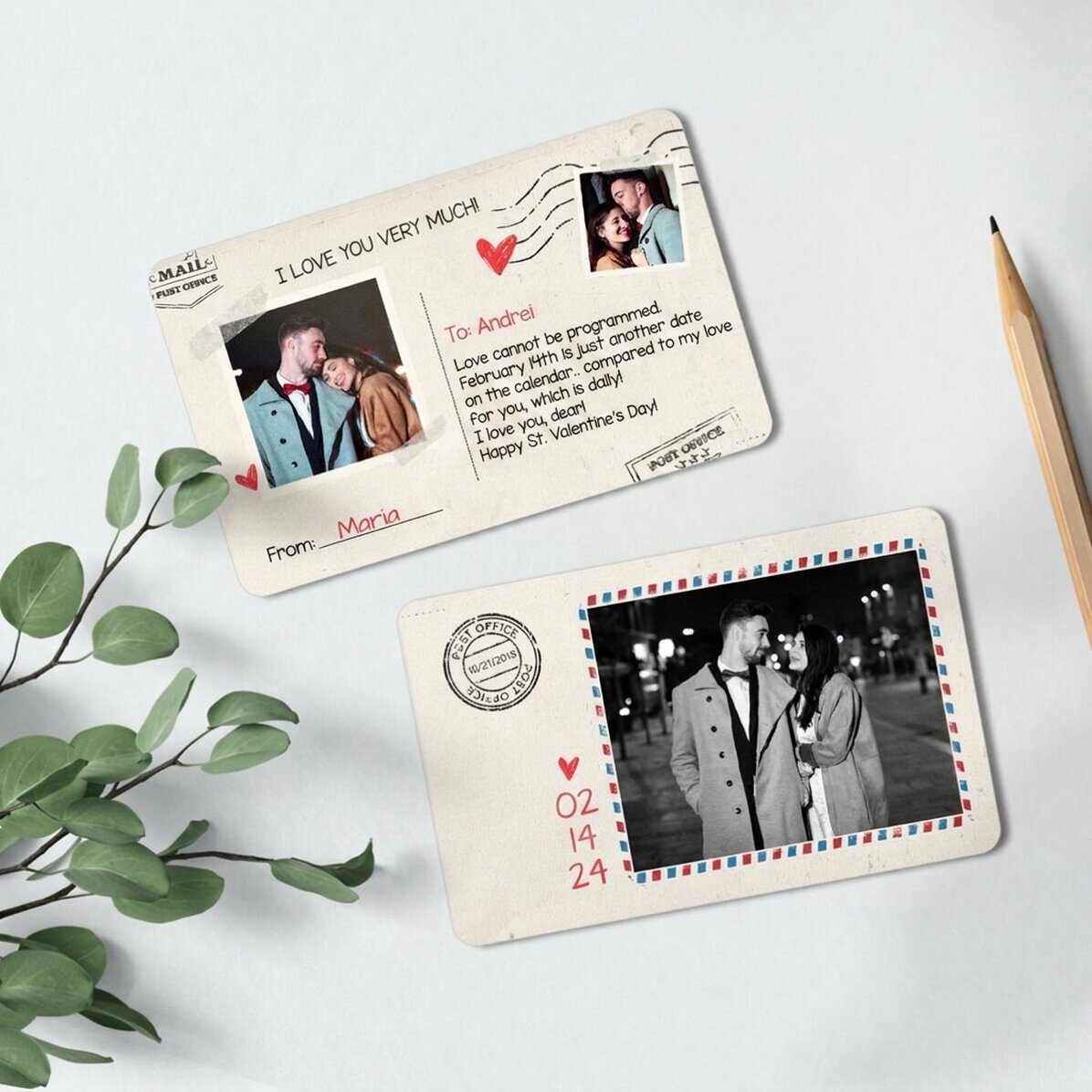 Tarjeta de aluminio personalizada por ambas caras con texto y dos fotos - Postal