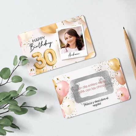 Tarjeta de aluminio rascable personalizada por ambas caras con foto y mensaje - Feliz cumpleaños