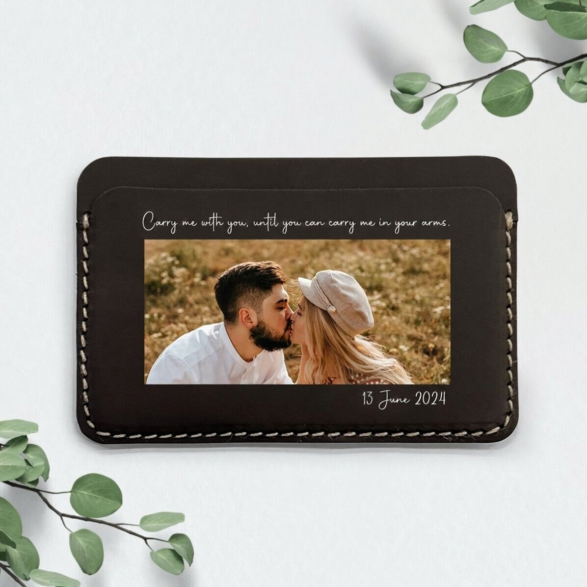 Cartera de piel personalizada a color con una foto y un mensaje