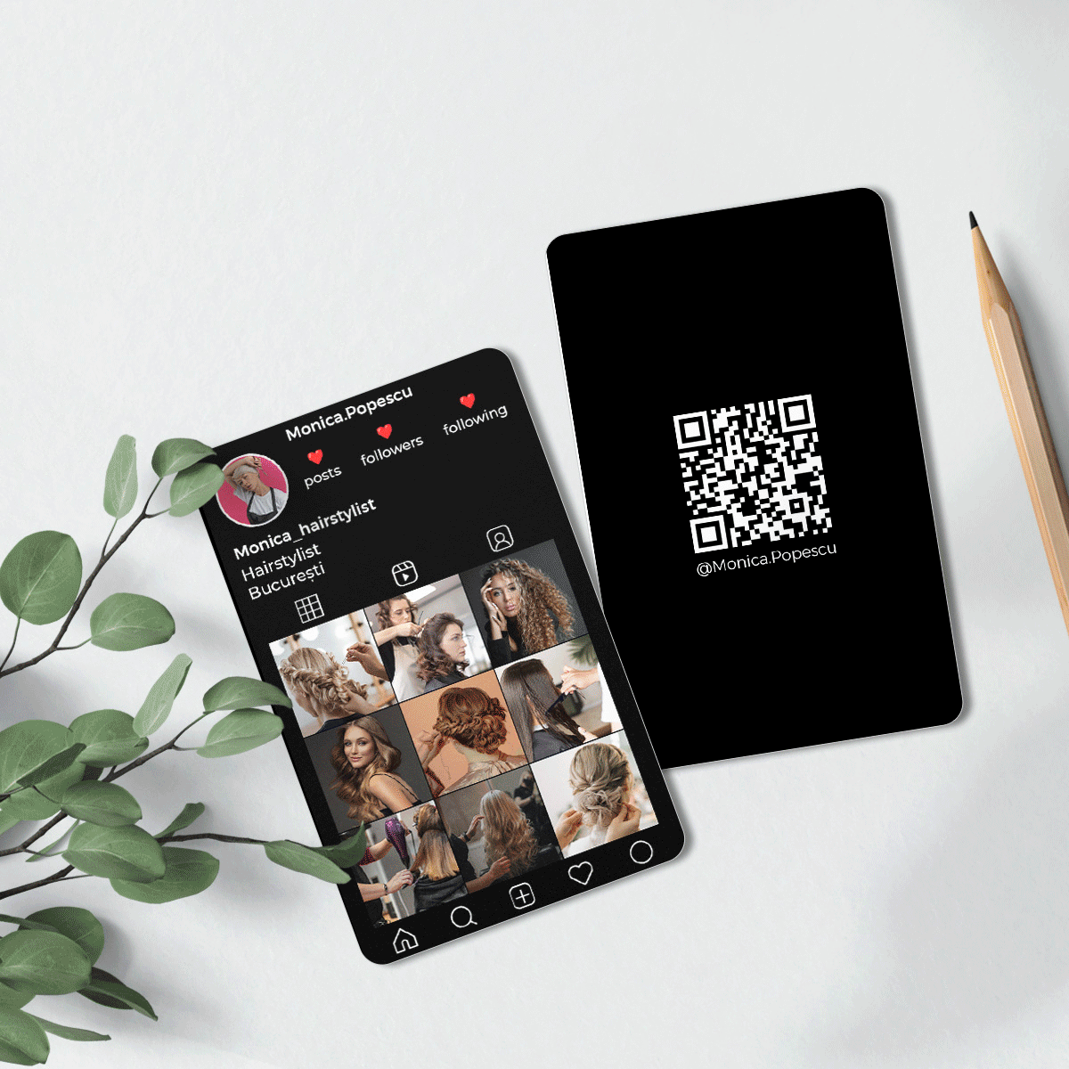 Tarjeta de visita de aluminio personalizada a doble cara con código QR, texto y fotos - Instagram
