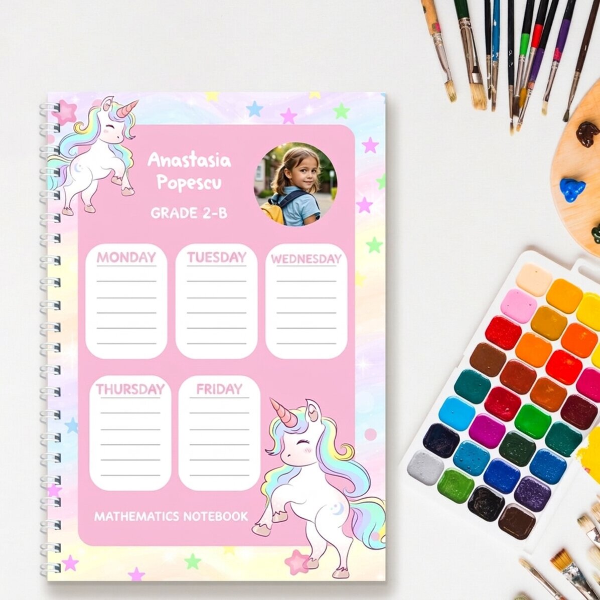 Cuaderno personalizado con foto y texto - Horario Unicornios