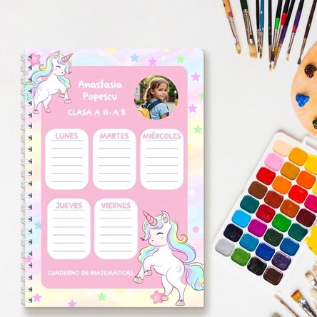 Cuaderno personalizado con foto y texto - Horario Unicornios