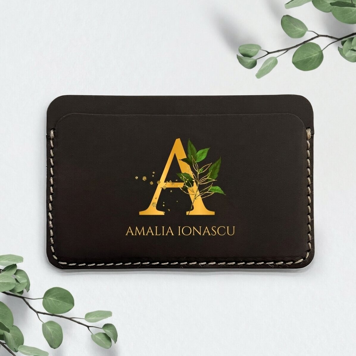 Cartera de piel personalizada a color con inicial y nombre - Dorado