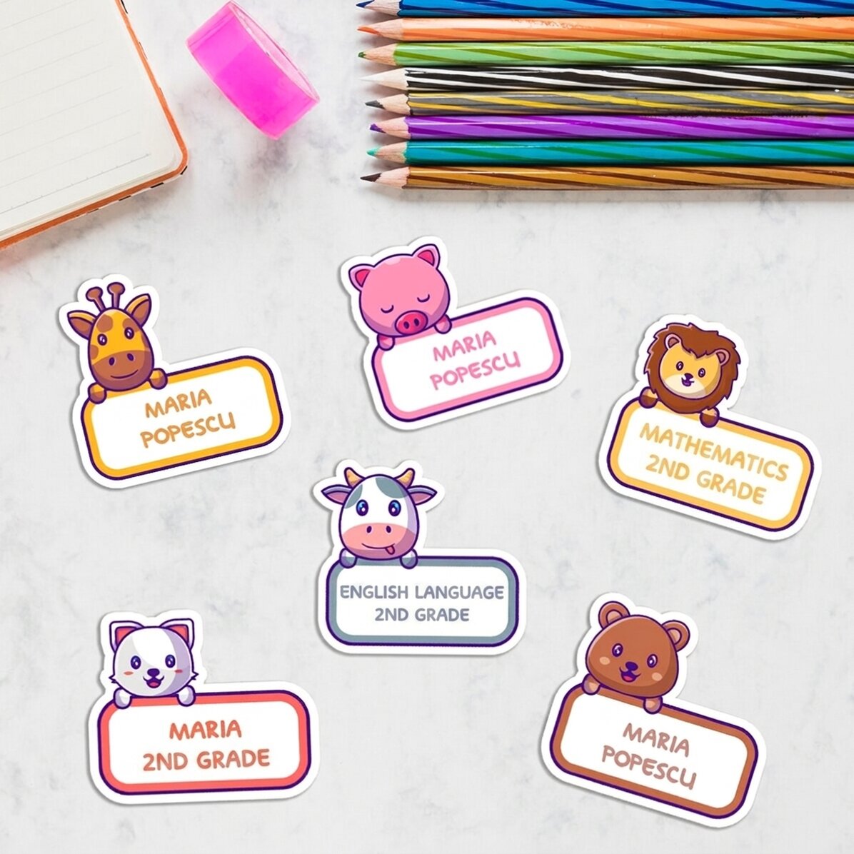 Lote de 12 pegatinas (etiquetas autoadhesivas) personalizadas para el colegio - Animalitos
