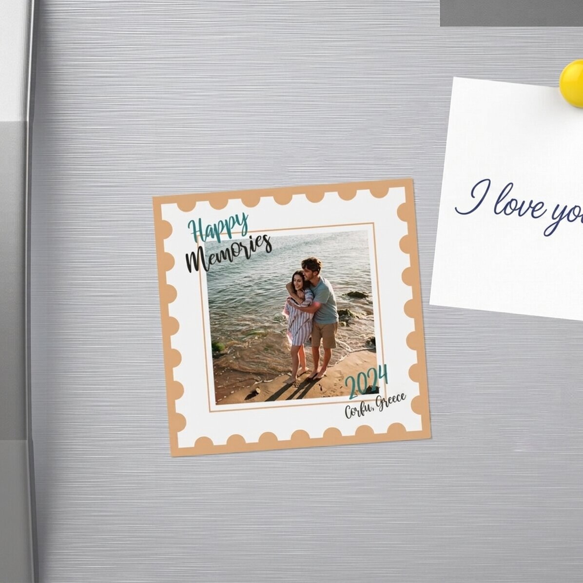 Imán de 10x10 personalizado con una foto y un texto - Happy Memories