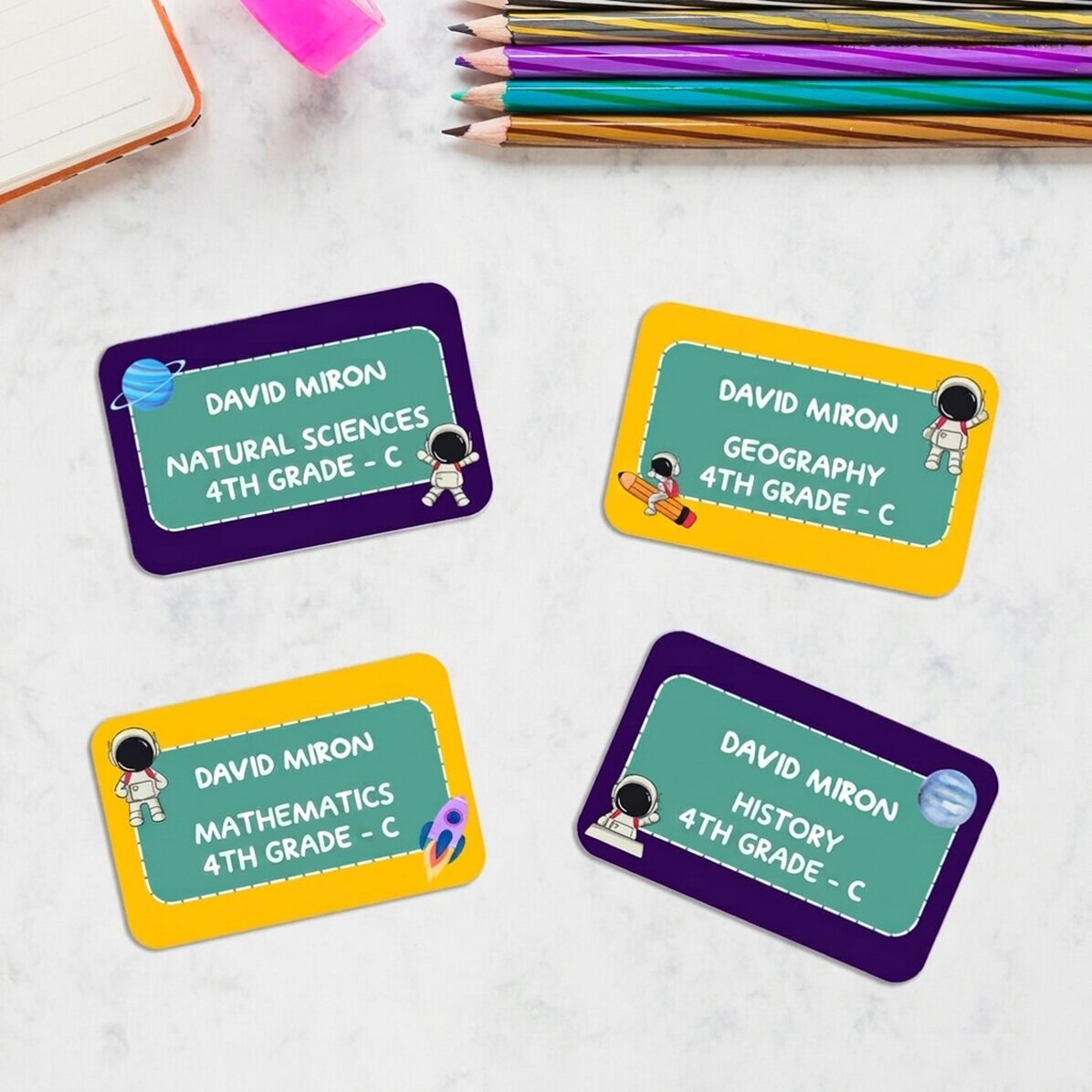 Lote de 8 pegatinas (etiquetas autoadhesivas) personalizadas para el colegio - Cosmos