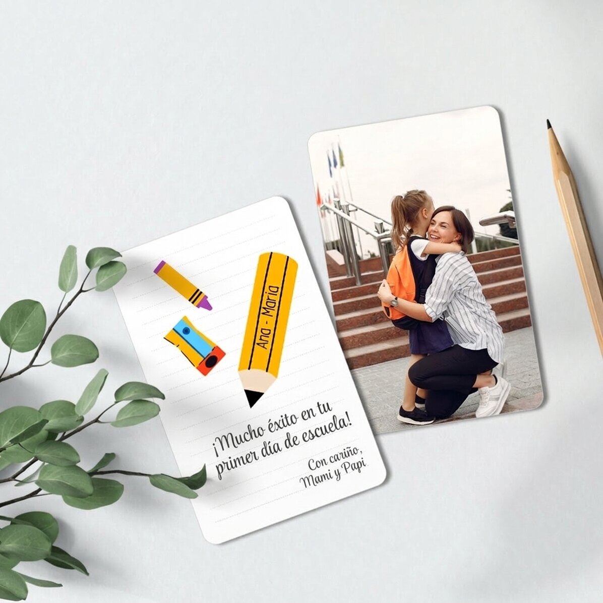 Tarjeta de aluminio personalizada por ambas caras con un mensaje y una foto - Good Luck