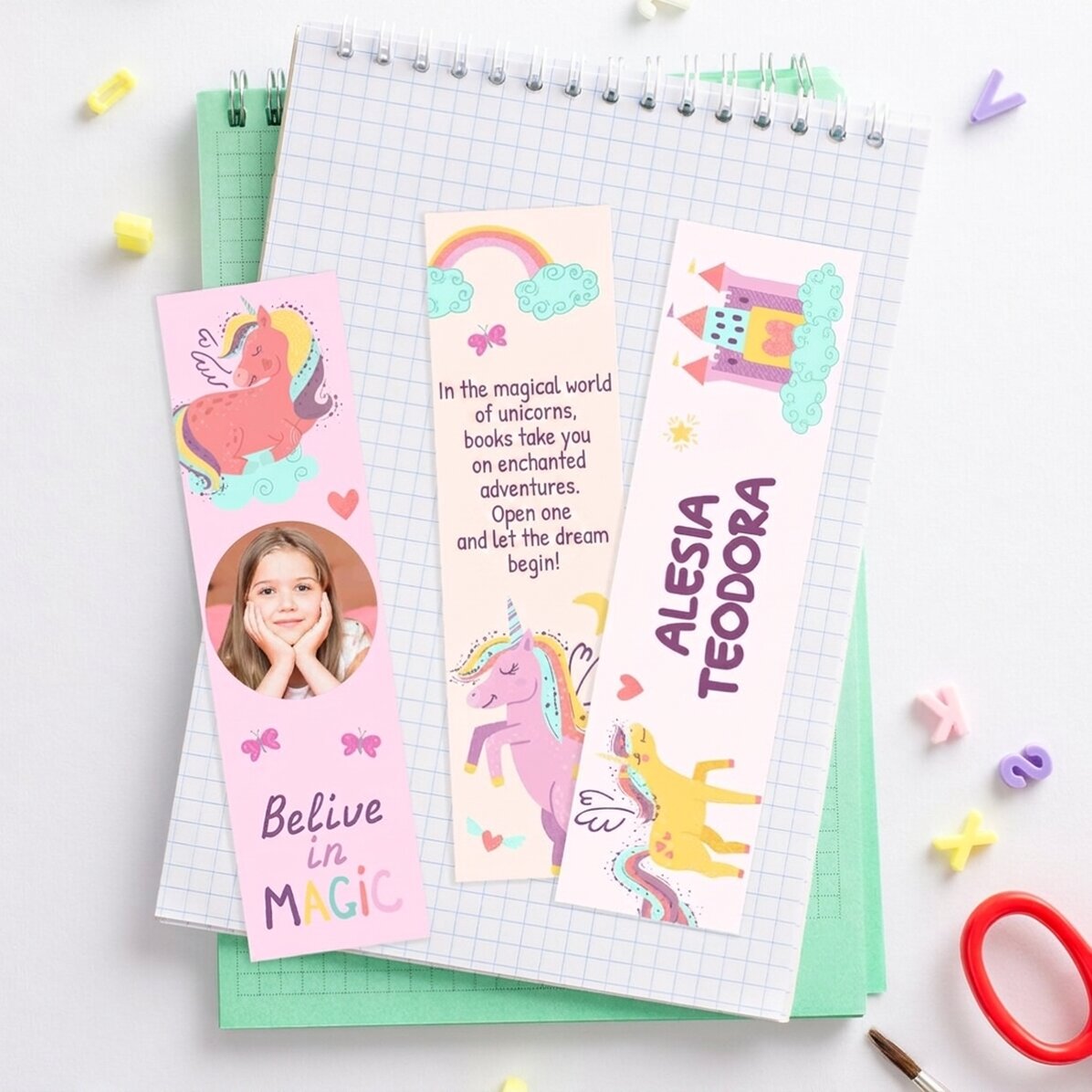 Lote de 3 marcapáginas personalizados con foto, nombre y texto - Unicornios