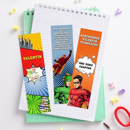 Lote de 3 marcapáginas personalizados con foto y texto - Superhéroes
