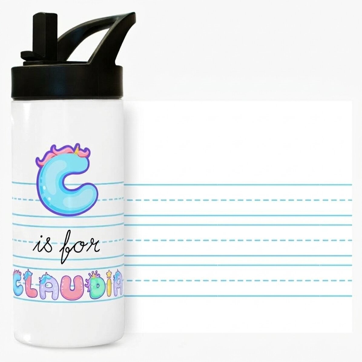 Termo con asa y pajita personalizado con nombre - modelo unicornio