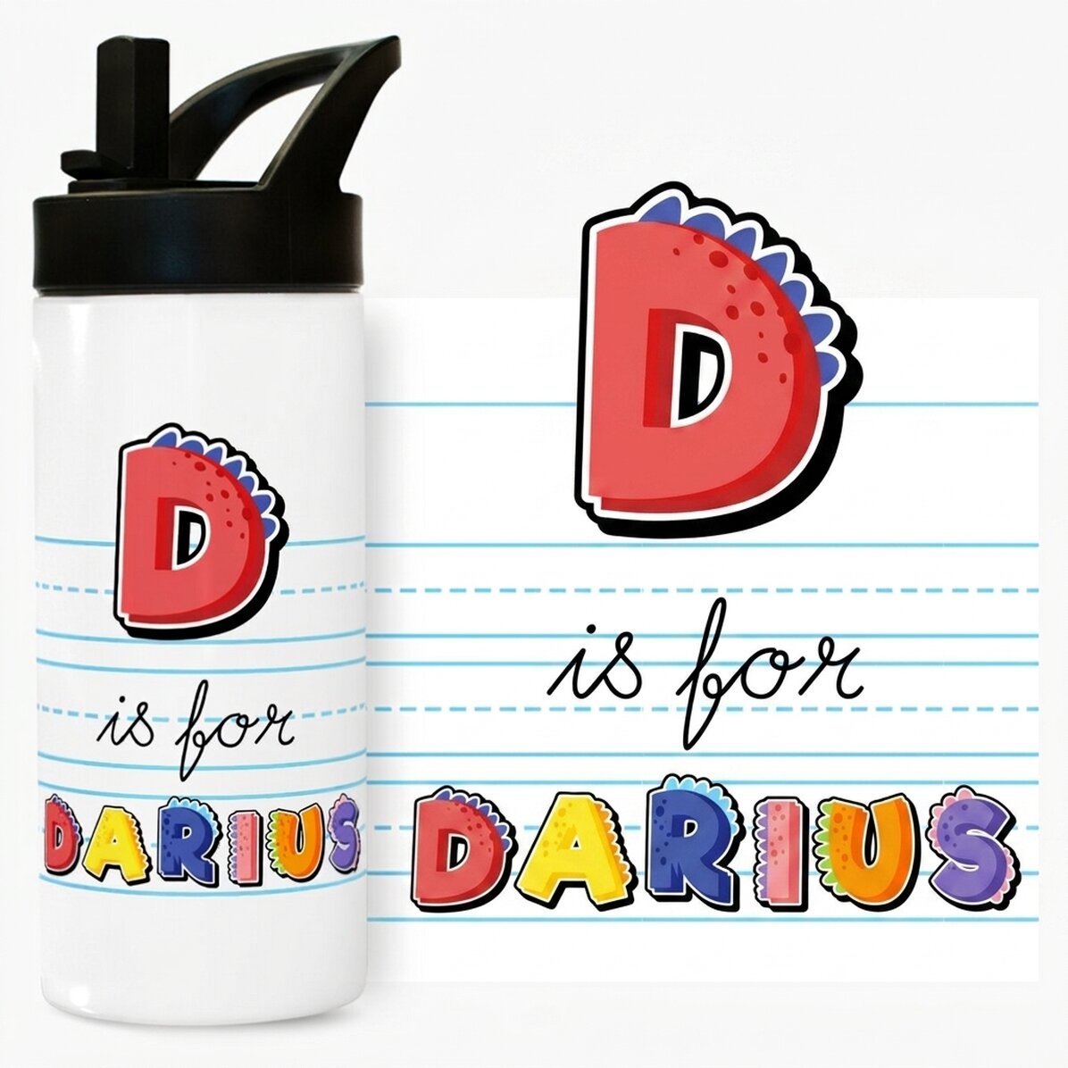 Término con asa y pajita personalizado con nombre - modelo de dinosaurio