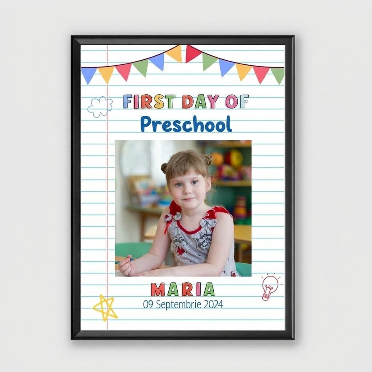 Cuadro personalizado con texto y una foto: «El primer día de guardería»
