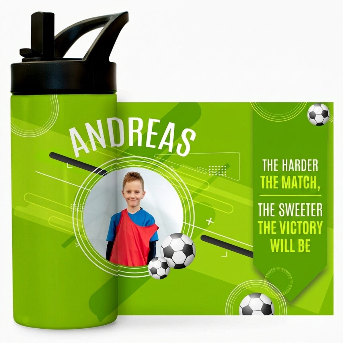 Termo con asa y pajita personalizado con texto y foto - El pequeño futbolista