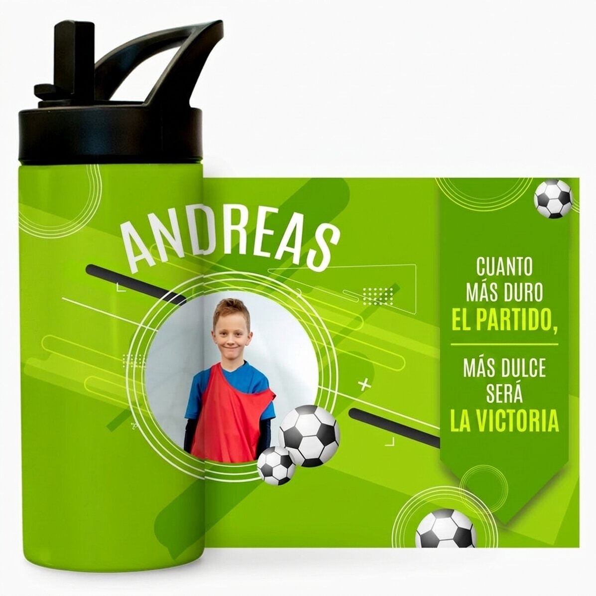Termo con asa y pajita personalizado con texto y foto - El pequeño futbolista