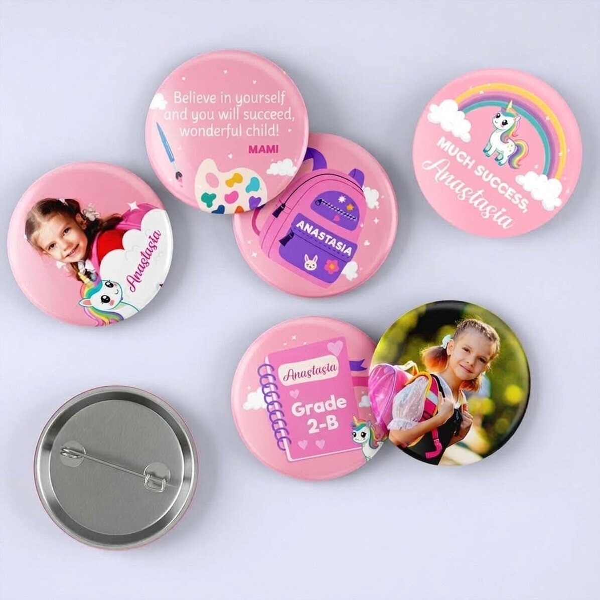 Lote de 6 chapas personalizadas con fotos y mensaje - Arcoíris