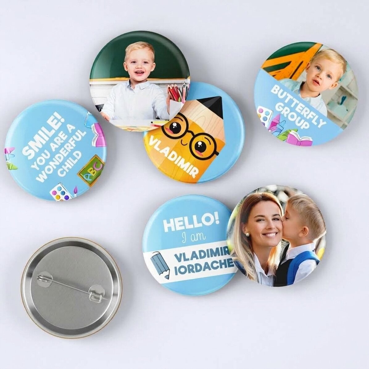 Lote de 6 insignias personalizadas con fotos y mensaje - Vuelta al cole